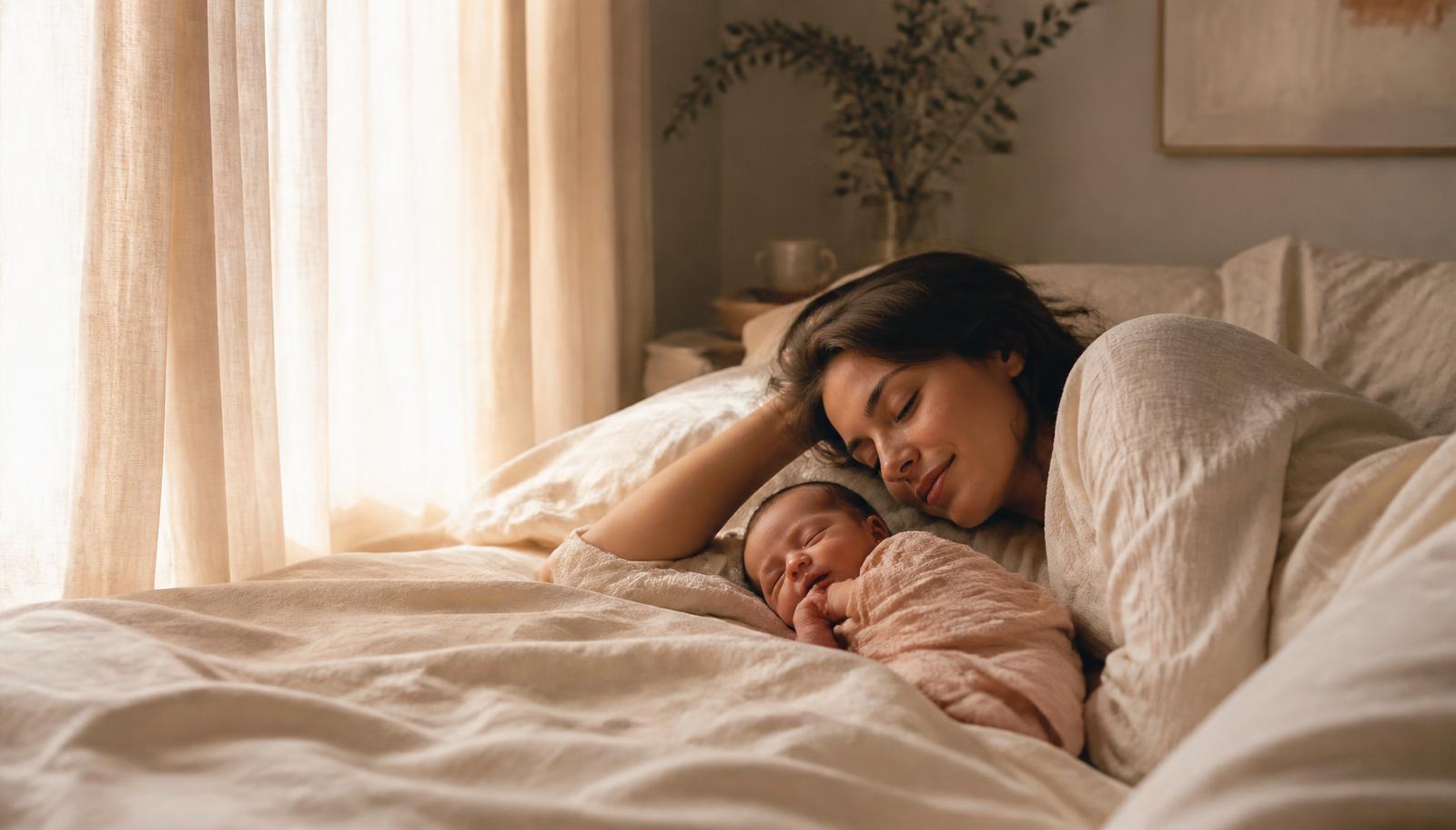 A mother resting beside her sleeping newborn in soft morning light