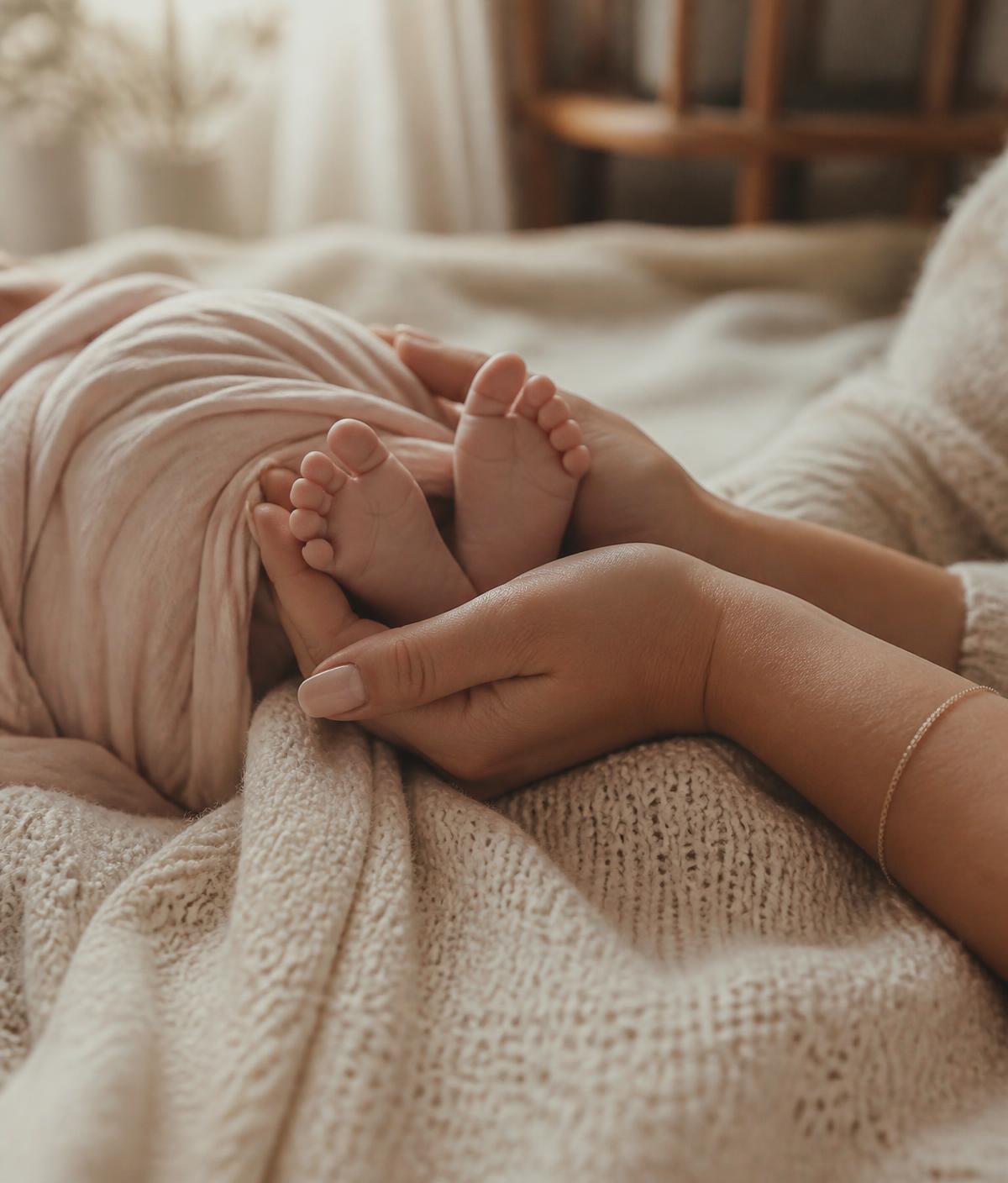 A mother's hands cradling her newborn baby's feet on a knitted blanket